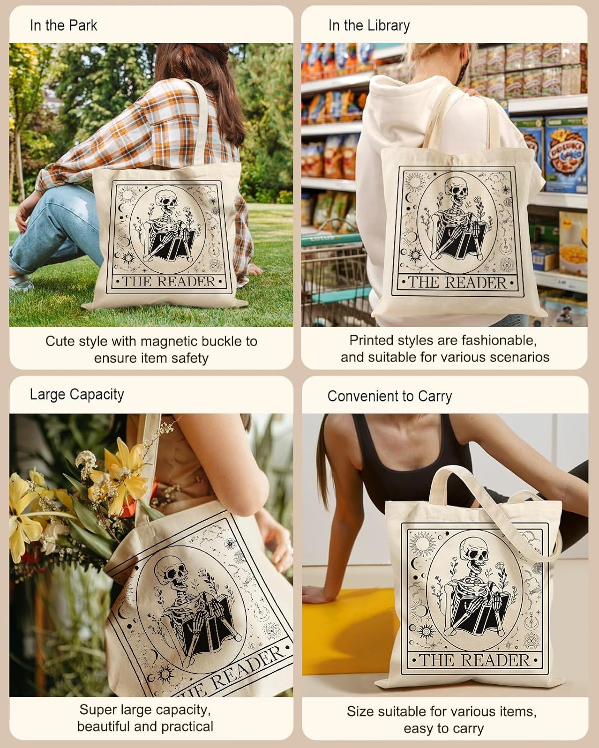 image:imageMiss Adola Aesthetic Tote Bag with Magnetic Buckle and Zipper Inner Pocket for Women Lady Cloth Cotton Tote Bag for Gym Work Travel Shopping Book Skull