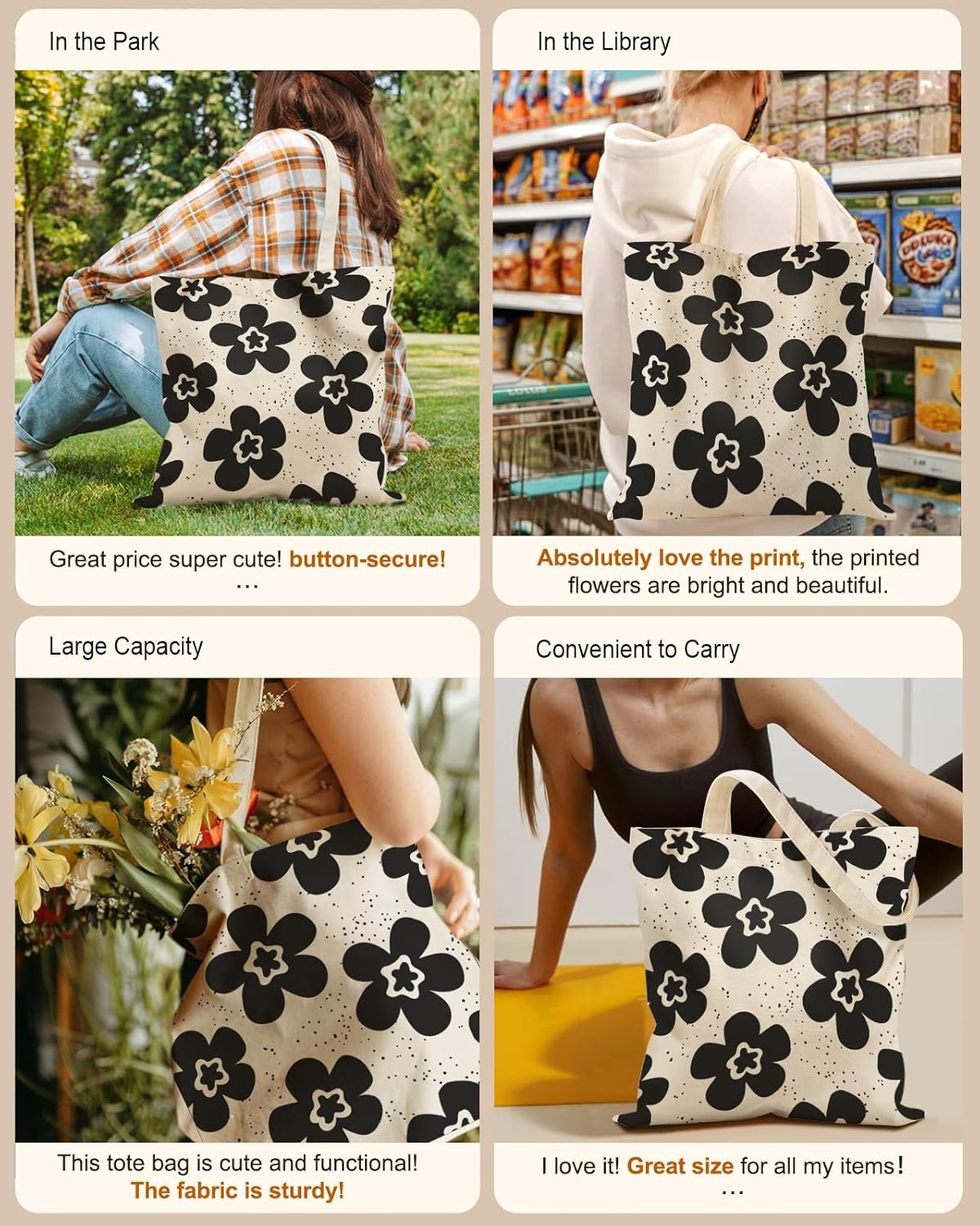 image:imageMiss Adola Aesthetic Tote Bag for Girls with Magnetic Buckle and Zipper Inner Pocket for Women Lady Canvas Cotton Tote BagBlack Flower