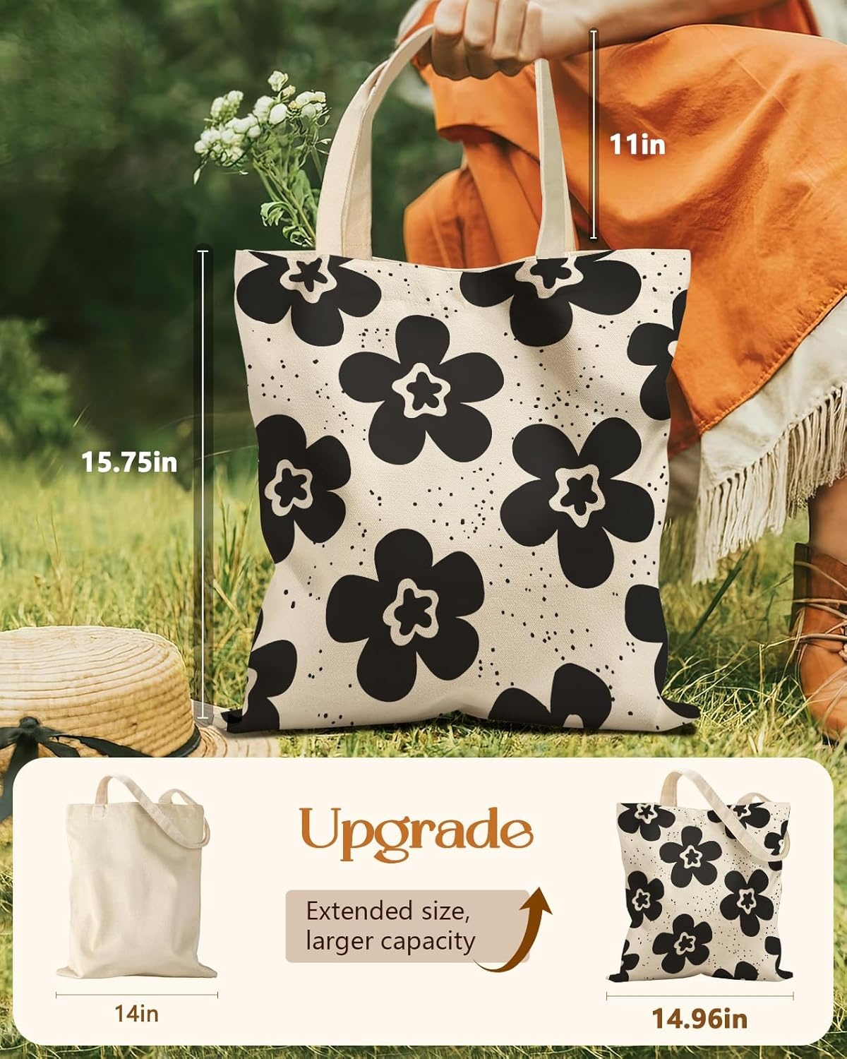 image:imageMiss Adola Aesthetic Tote Bag for Girls with Magnetic Buckle and Zipper Inner Pocket for Women Lady Canvas Cotton Tote BagBlack Flower