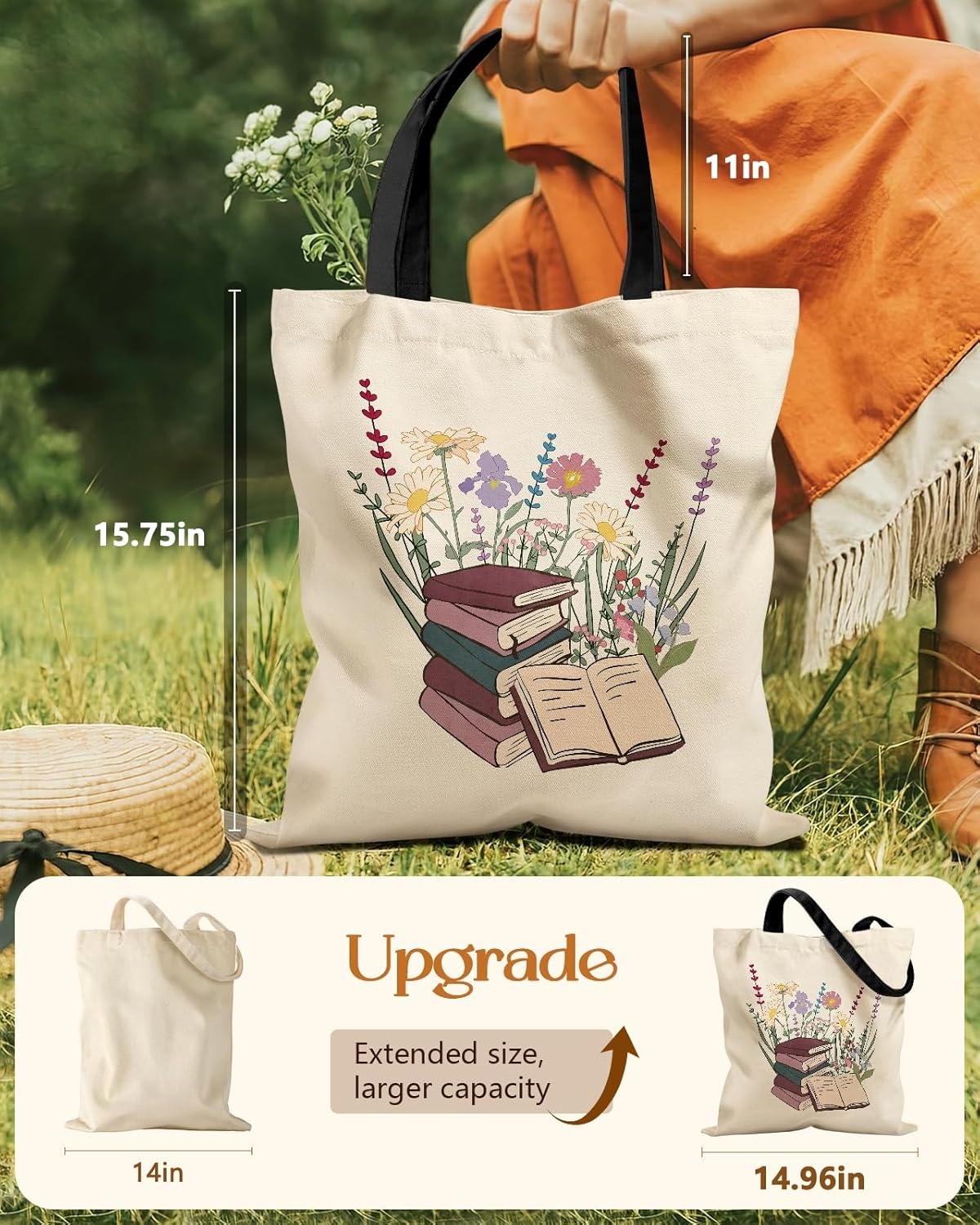 image:imageMiss Adola Aesthetic Tote Bag for Girls with Magnetic Buckle and Zipper Inner Pocket for Women Lady Canvas Cotton Tote BagBook Flower