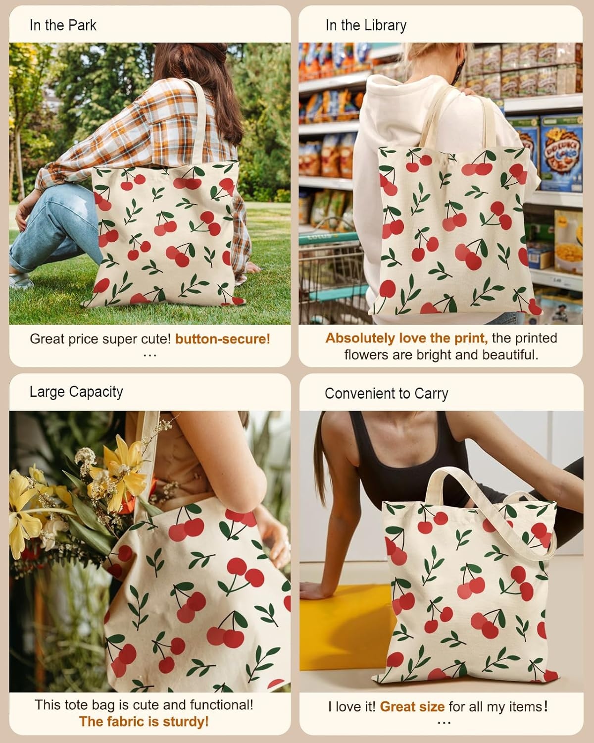 image:imageMiss Adola Aesthetic Tote Bag for Girls with Magnetic Buckle and Zipper Inner Pocket for Women Lady Canvas Cotton Tote BagCherry