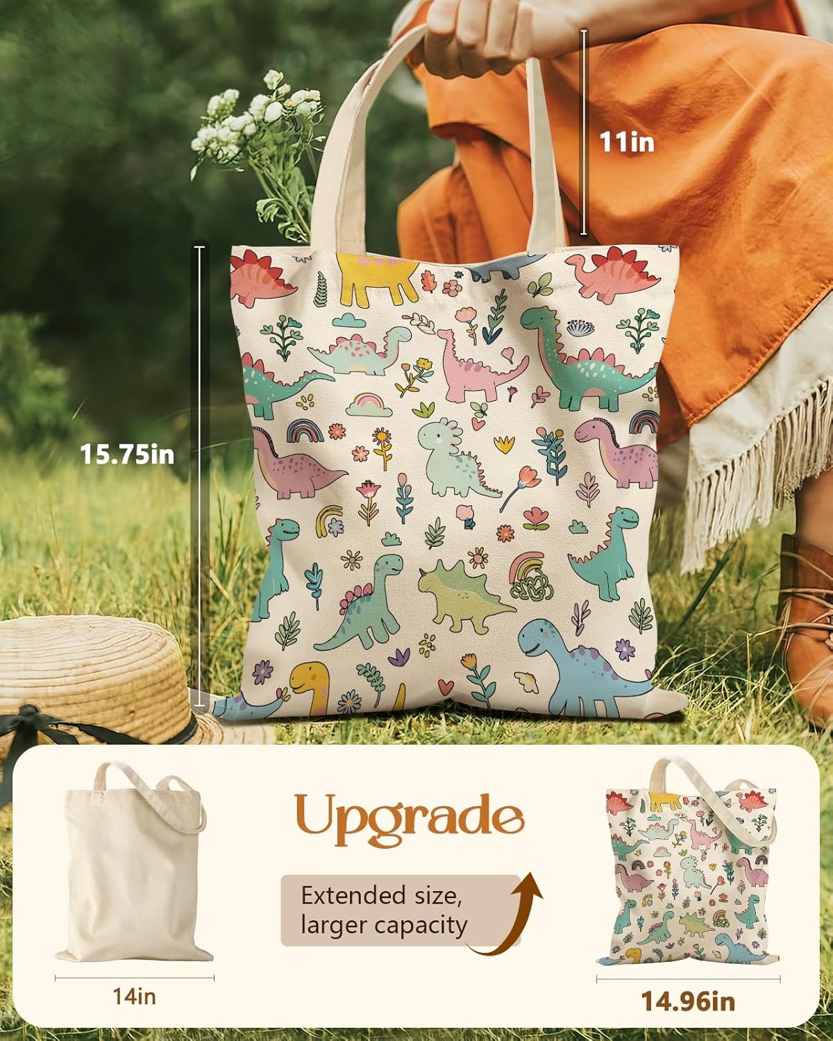 image:imageMiss Adola Aesthetic Tote Bag for Girls with Magnetic Buckle and Zipper Inner Pocket for Women Lady Canvas Cotton Tote BagDinosaur