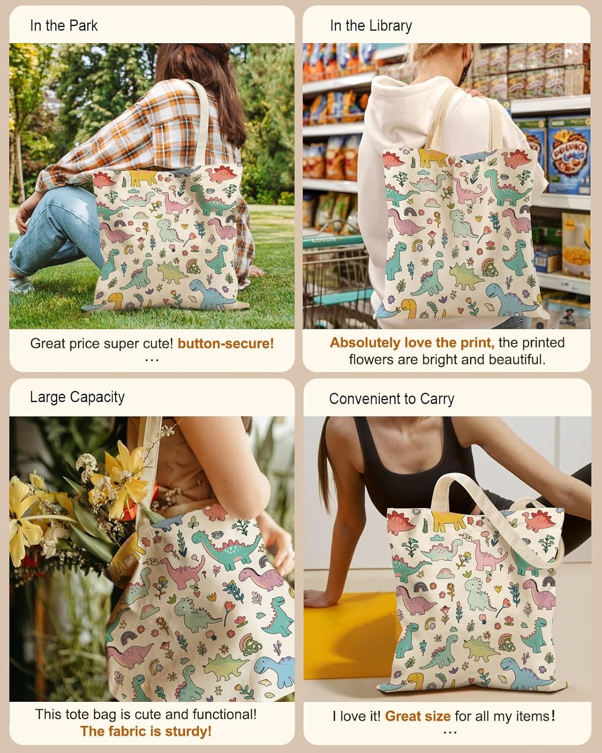 image:imageMiss Adola Aesthetic Tote Bag for Girls with Magnetic Buckle and Zipper Inner Pocket for Women Lady Canvas Cotton Tote BagDinosaur