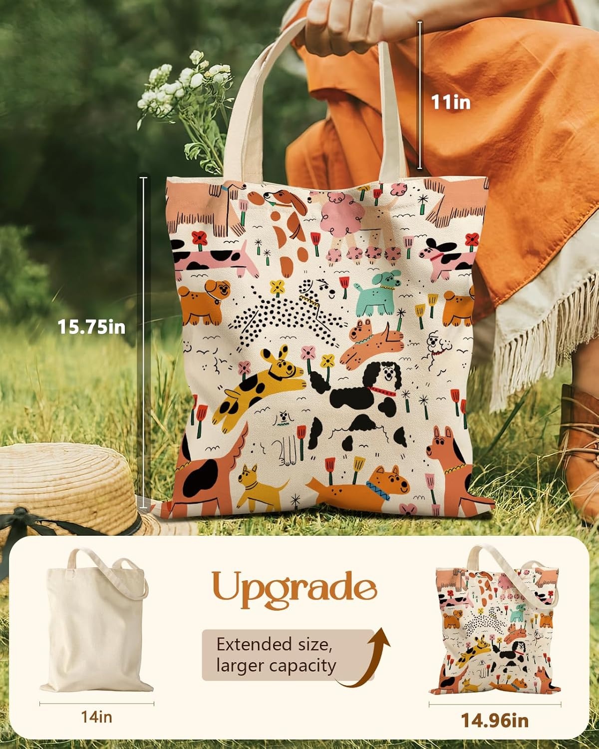 image:imageMiss Adola Aesthetic Tote Bag for Girls with Magnetic Buckle and Zipper Inner Pocket for Women Lady Canvas Cotton Tote BagDogs