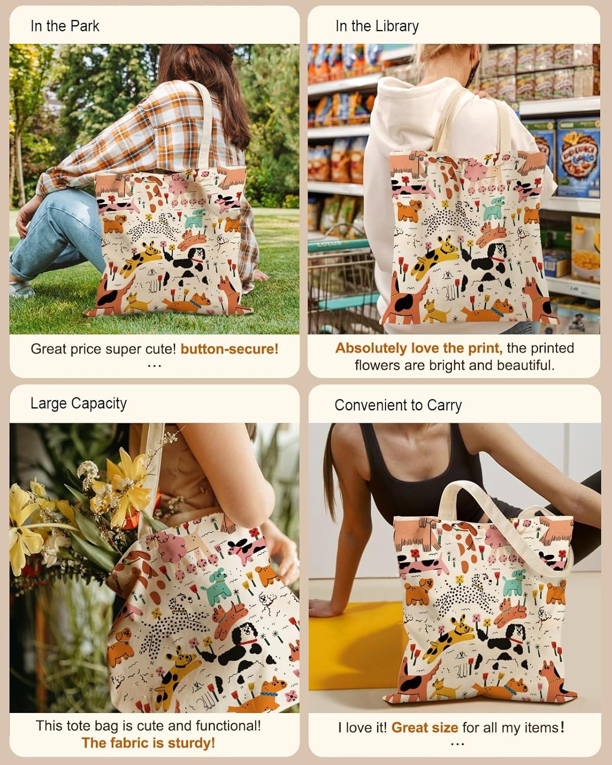 image:imageMiss Adola Aesthetic Tote Bag for Girls with Magnetic Buckle and Zipper Inner Pocket for Women Lady Canvas Cotton Tote BagDogs