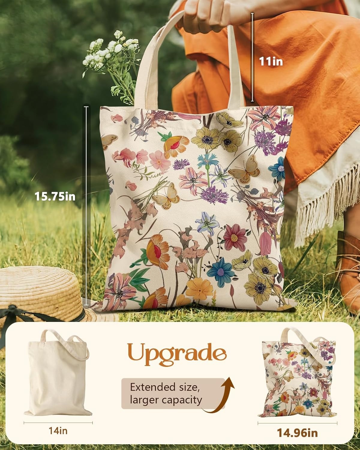 image:imageMiss Adola Aesthetic Tote Bag for Girls with Magnetic Buckle and Zipper Inner Pocket for Women Lady Canvas Cotton Tote BagFull Flower