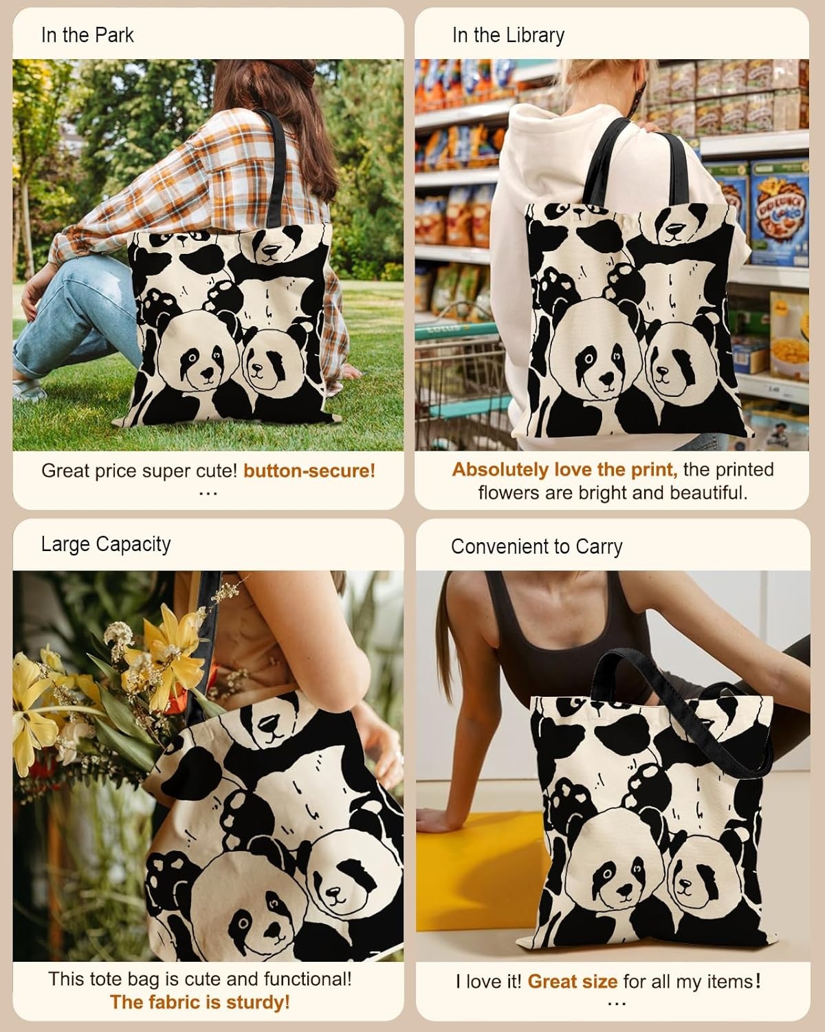 image:imageMiss Adola Aesthetic Tote Bag for Girls with Magnetic Buckle and Zipper Inner Pocket for Women Lady Canvas Cotton Tote BagFull Panda