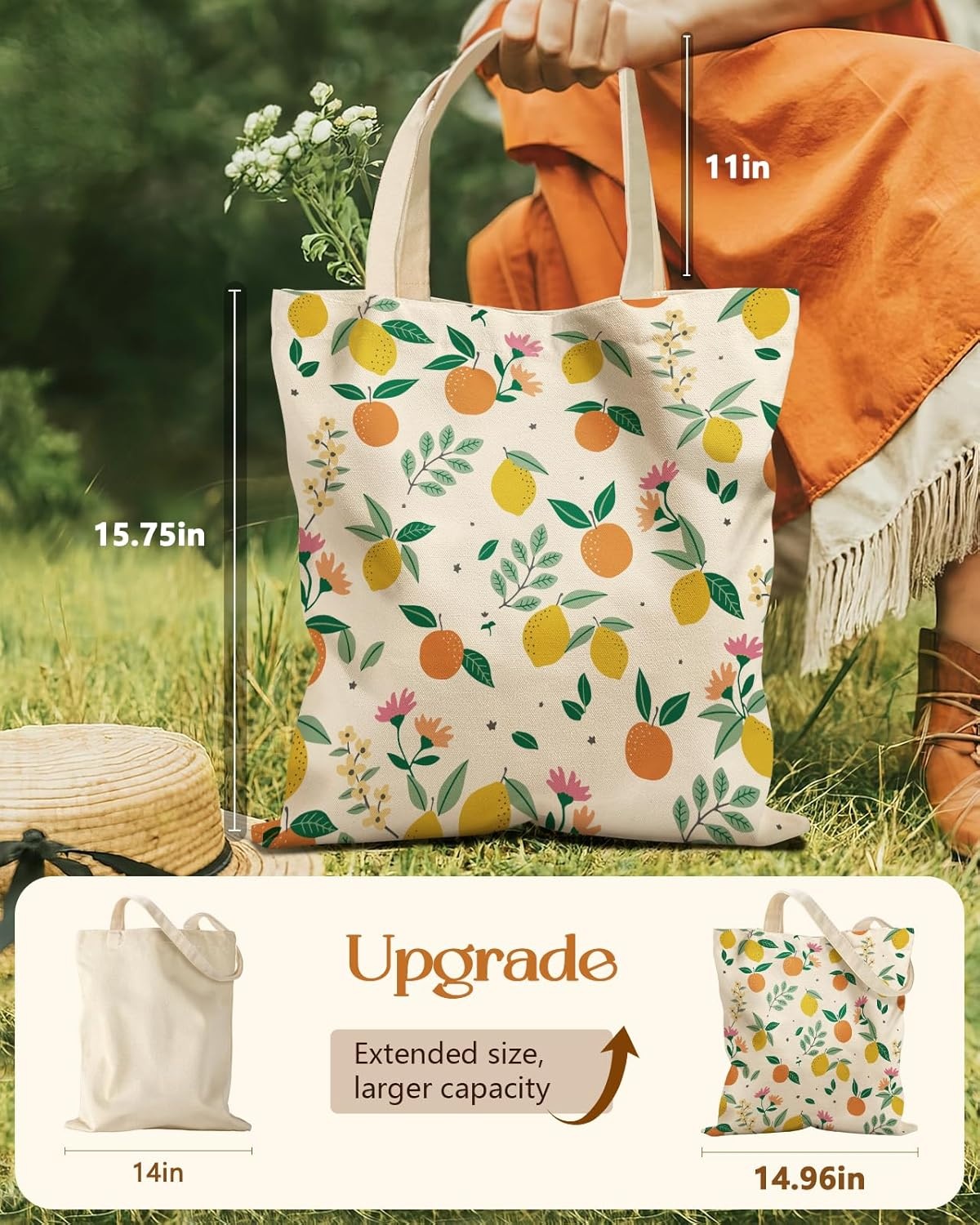 image:imageMiss Adola Aesthetic Tote Bag for Girls with Magnetic Buckle and Zipper Inner Pocket for Women Lady Canvas Cotton Tote BagLemon Orange