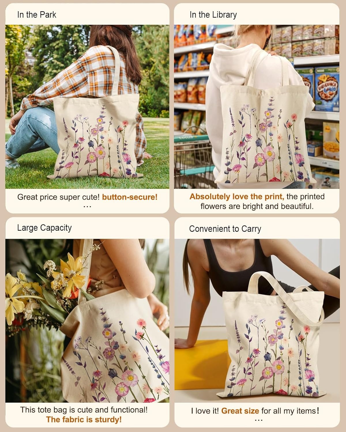 image:imageMiss Adola Aesthetic Tote Bag for Girls with Magnetic Buckle and Zipper Inner Pocket for Women Lady Canvas Cotton Tote BagPurple Flower