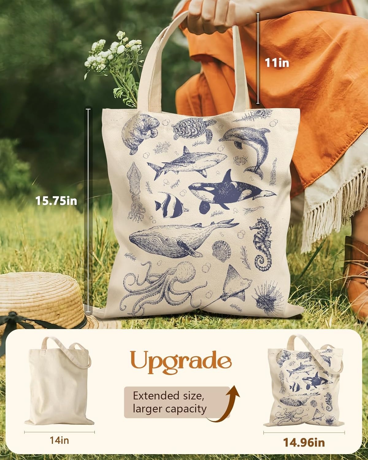 image:imageMiss Adola Aesthetic Tote Bag for Girls with Magnetic Buckle and Zipper Inner Pocket for Women Lady Canvas Cotton Tote BagSea Fish