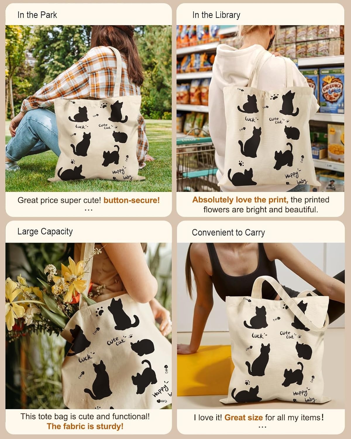 image:imageMiss Adola Aesthetic Tote Bag for Girls with Magnetic Buckle and Zipper Inner Pocket for Women Lady Canvas Cotton Tote BagSix Cats
