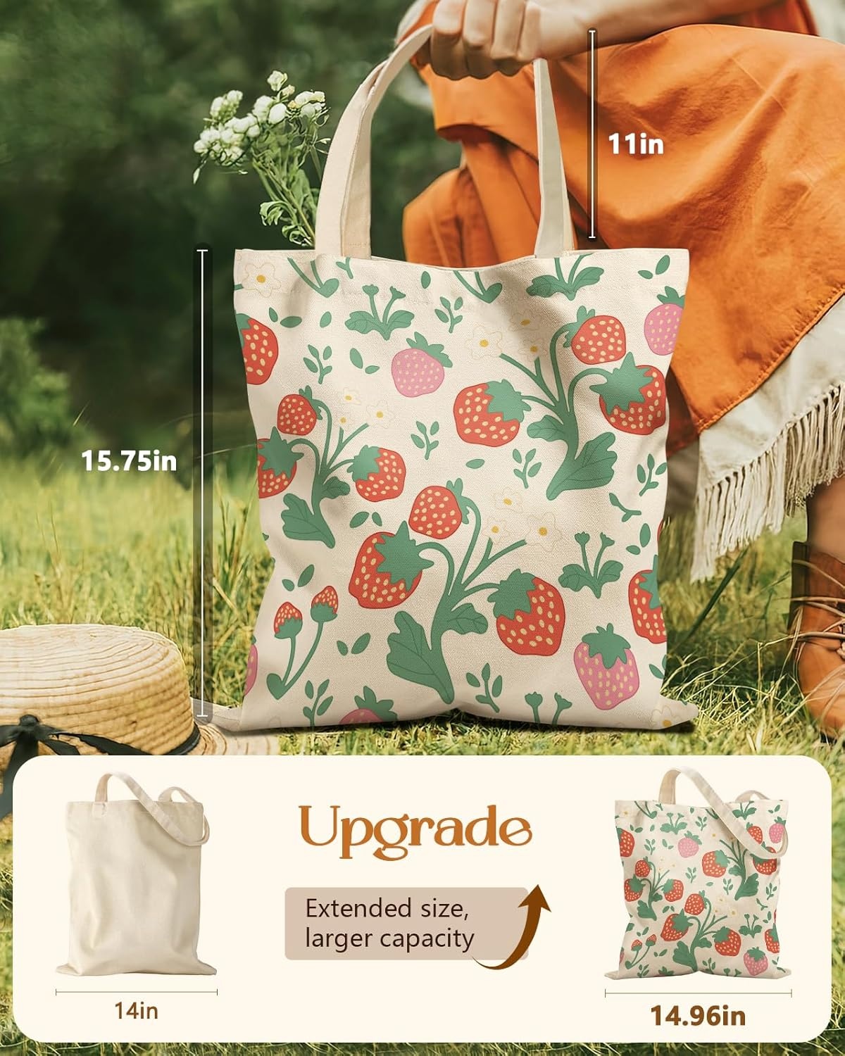 image:imageMiss Adola Aesthetic Tote Bag for Girls with Magnetic Buckle and Zipper Inner Pocket for Women Lady Canvas Cotton Tote BagStrawberries