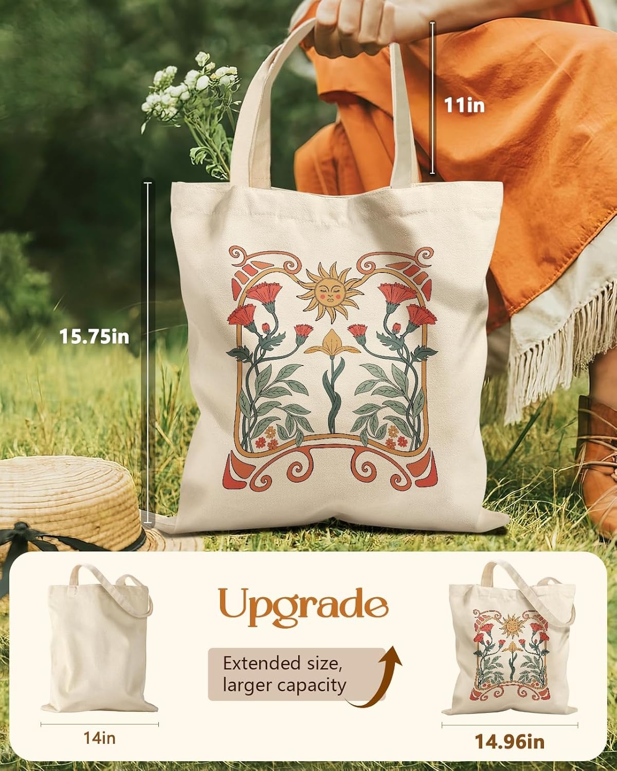 image:imageMiss Adola Aesthetic Tote Bag for Girls with Magnetic Buckle and Zipper Inner Pocket for Women Lady Canvas Cotton Tote BagSun Leaf