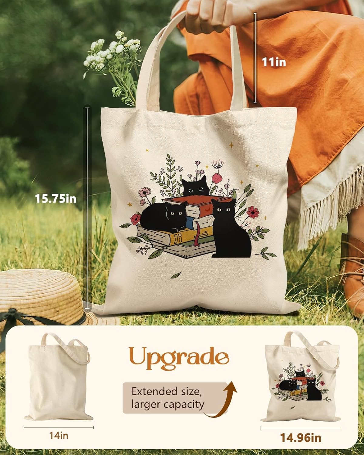 image:imageMiss Adola Aesthetic Tote Bag for Women with Magnetic Buckle and Zipper Inner Pocket Cloth Cotton Canvas Tote BagsCat Book