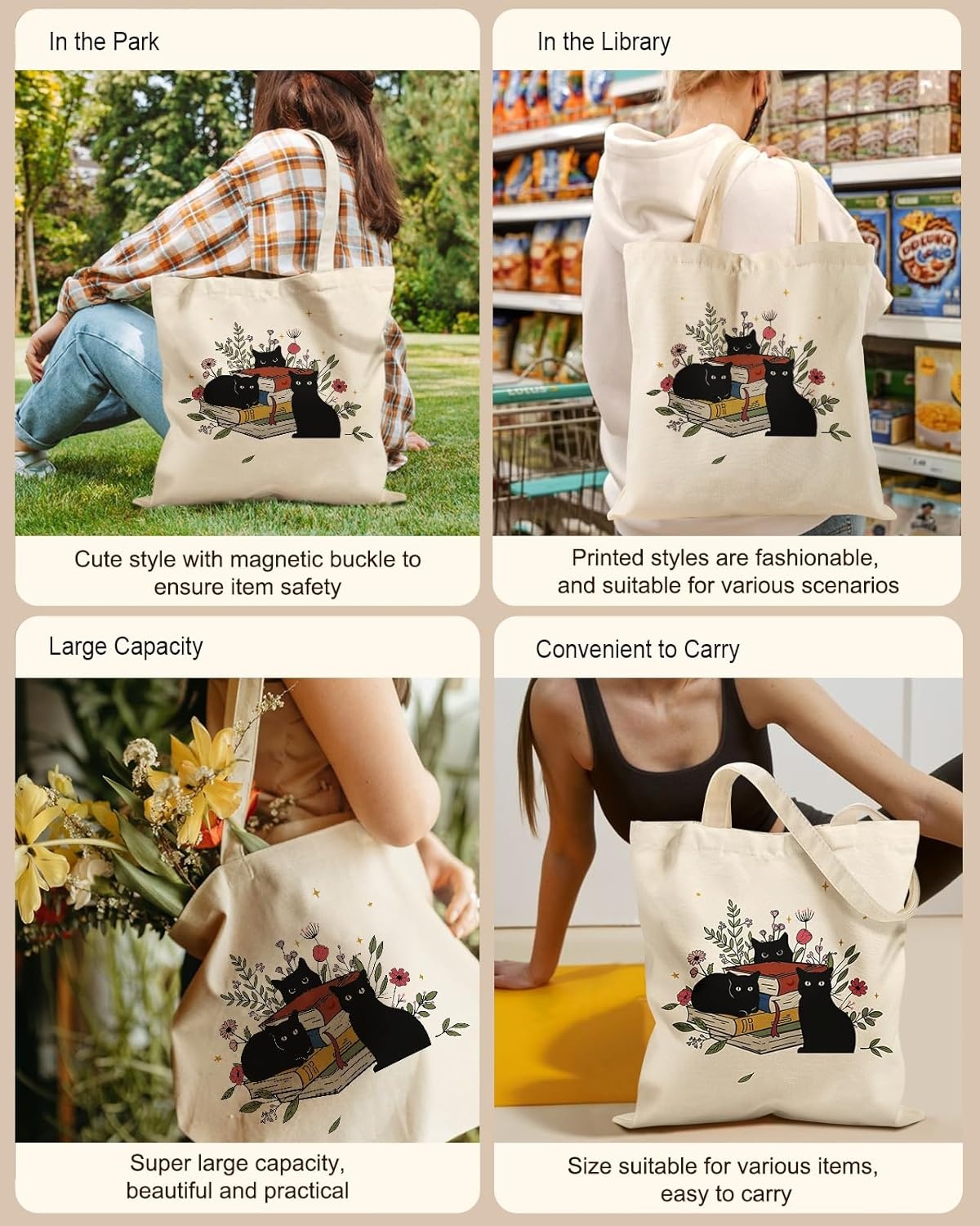 image:imageMiss Adola Aesthetic Tote Bag for Women with Magnetic Buckle and Zipper Inner Pocket Cloth Cotton Canvas Tote BagsCat Book