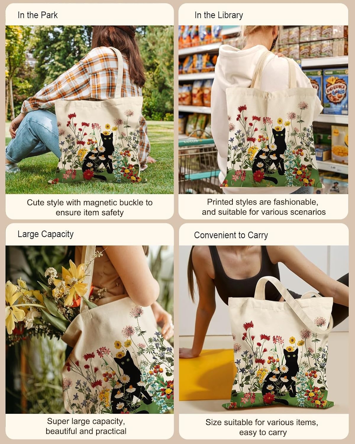 image:imageMiss Adola Aesthetic Tote Bag for Women with Magnetic Buckle and Zipper Inner Pocket Cloth Cotton Canvas Tote BagsCat Flower