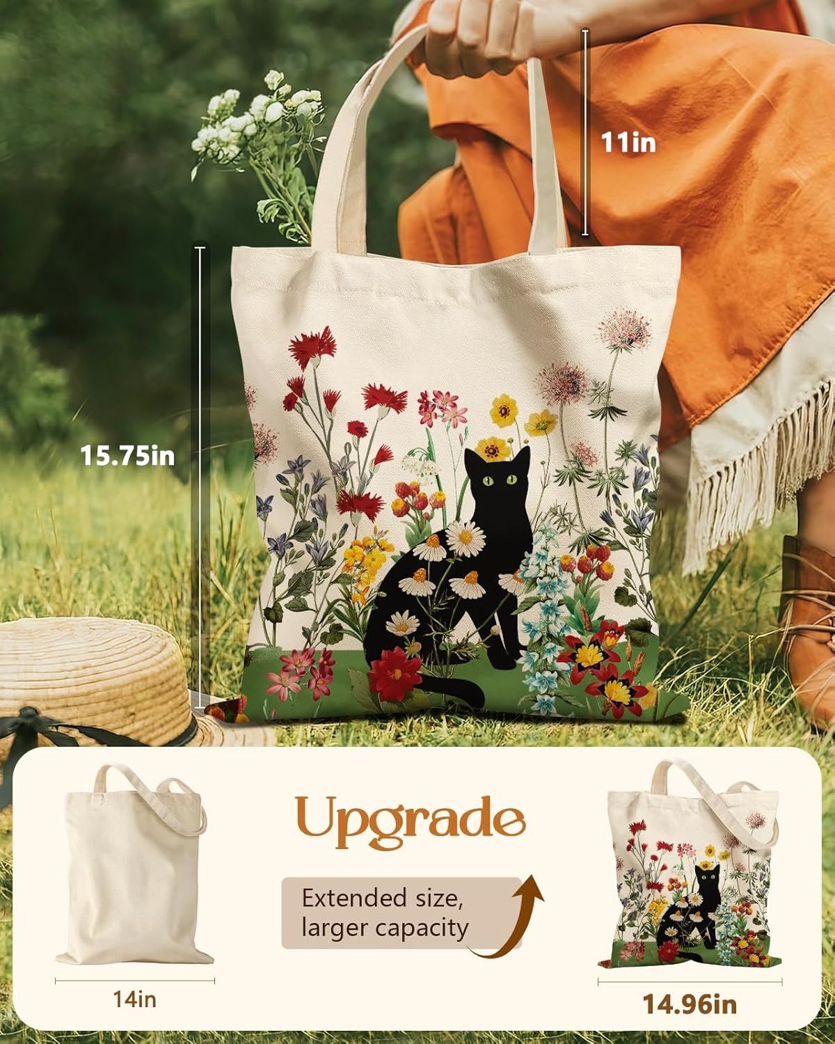 image:imageMiss Adola Aesthetic Tote Bag for Women with Magnetic Buckle and Zipper Inner Pocket Cloth Cotton Canvas Tote BagsCat Flower