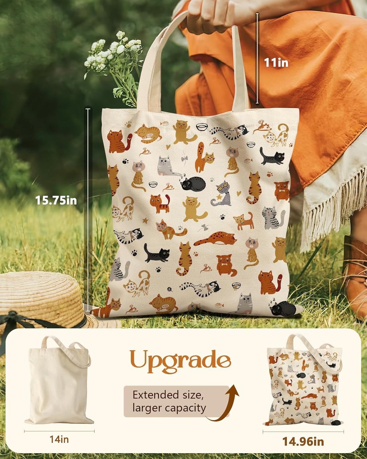 image:imageMiss Adola Aesthetic Tote Bag for Women with Magnetic Buckle and Zipper Inner Pocket Cloth Cotton Canvas Tote BagsCats