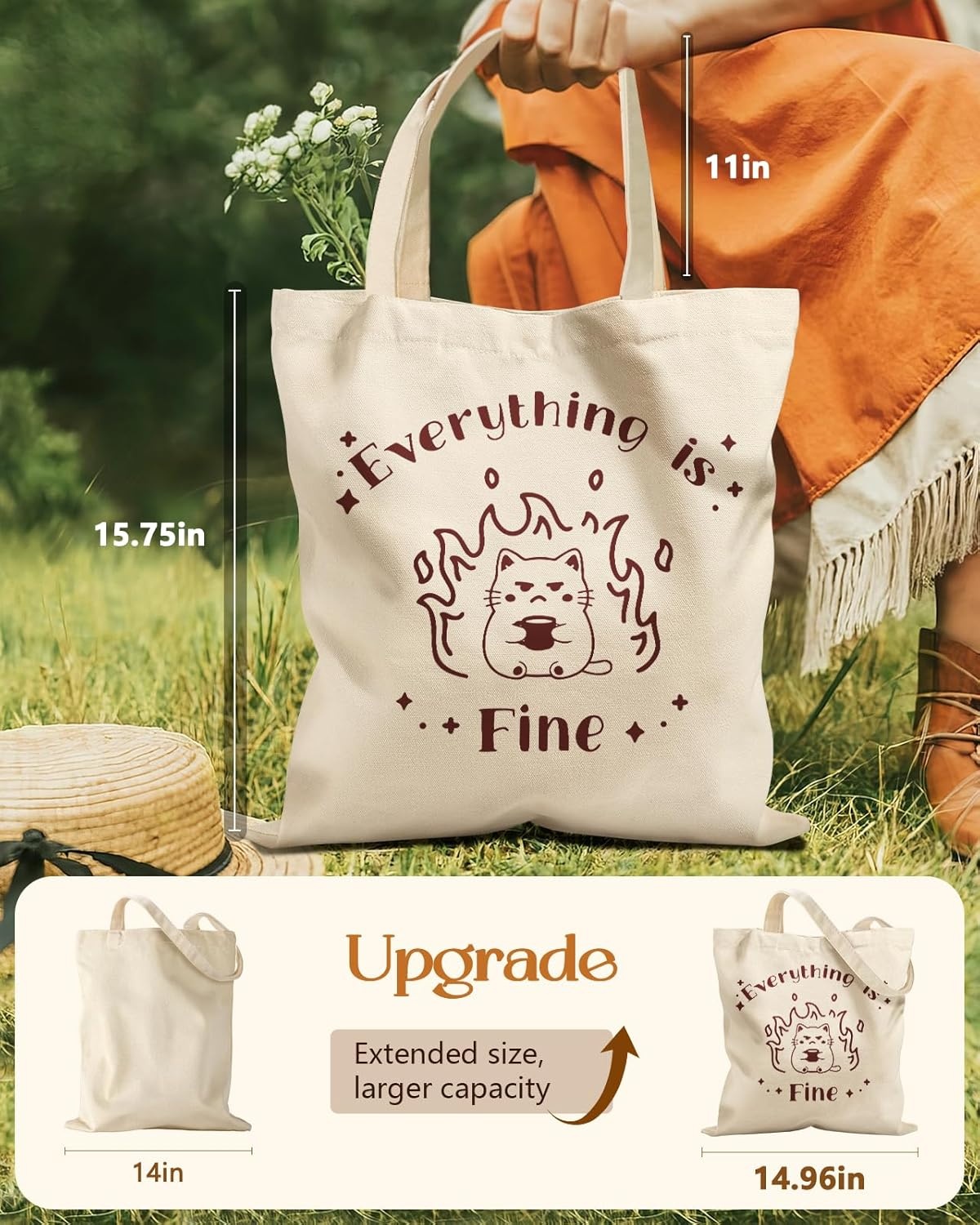 image:imageMiss Adola Aesthetic Tote Bag for Women with Magnetic Buckle and Zipper Inner Pocket Cloth Cotton Canvas Tote BagsFine Cat