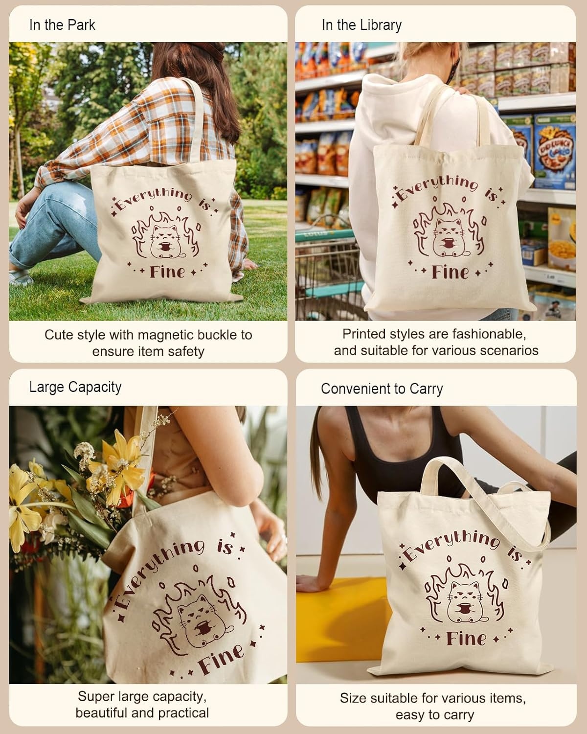 image:imageMiss Adola Aesthetic Tote Bag for Women with Magnetic Buckle and Zipper Inner Pocket Cloth Cotton Canvas Tote BagsFine Cat