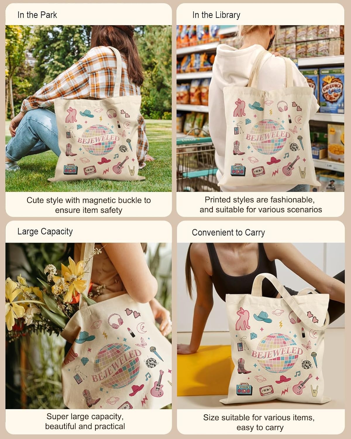 image:imageMiss Adola Aesthetic Tote Bag for Women with Magnetic Buckle and Zipper Inner Pocket Cloth Cotton Canvas Tote BagsLamp Ball