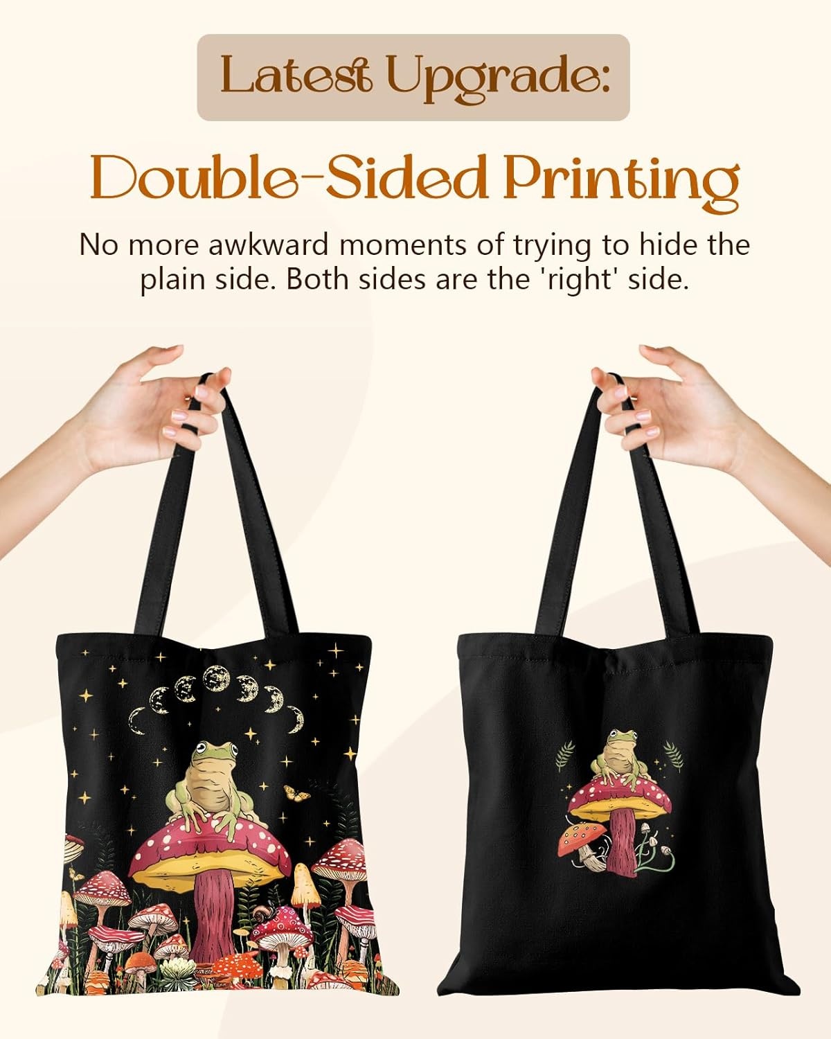 image:imageMiss Adola Aesthetic Tote Bag for Women with Magnetic Buckle and Zipper Inner Pocket Cloth Cotton Canvas Tote BagsMushroom Frog