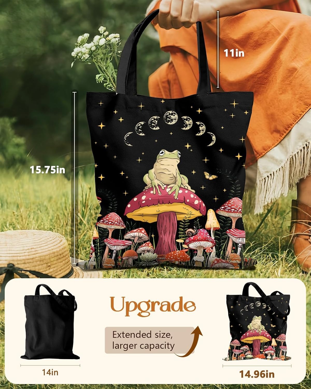 image:imageMiss Adola Aesthetic Tote Bag for Women with Magnetic Buckle and Zipper Inner Pocket Cloth Cotton Canvas Tote BagsMushroom Frog