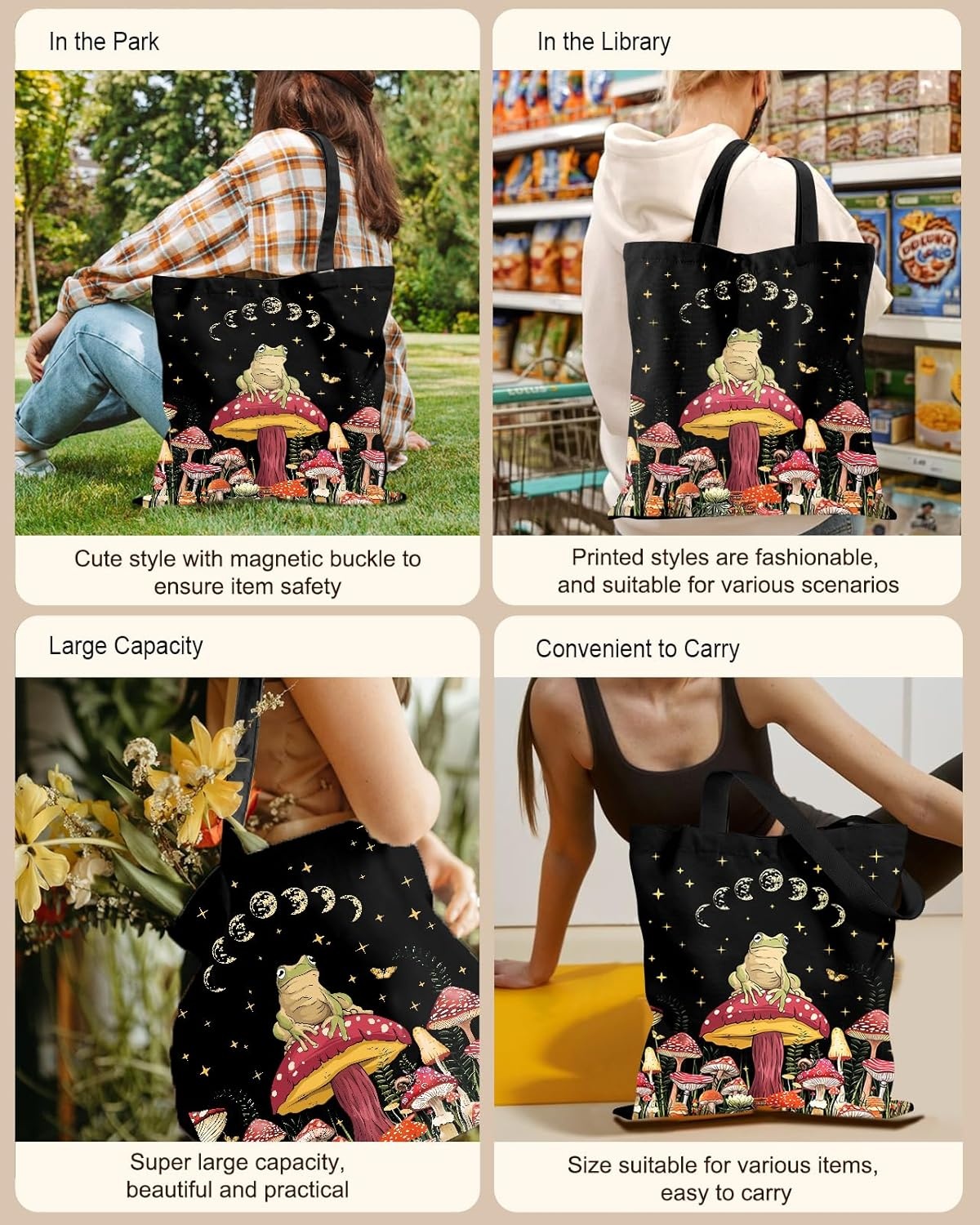 image:imageMiss Adola Aesthetic Tote Bag for Women with Magnetic Buckle and Zipper Inner Pocket Cloth Cotton Canvas Tote BagsMushroom Frog