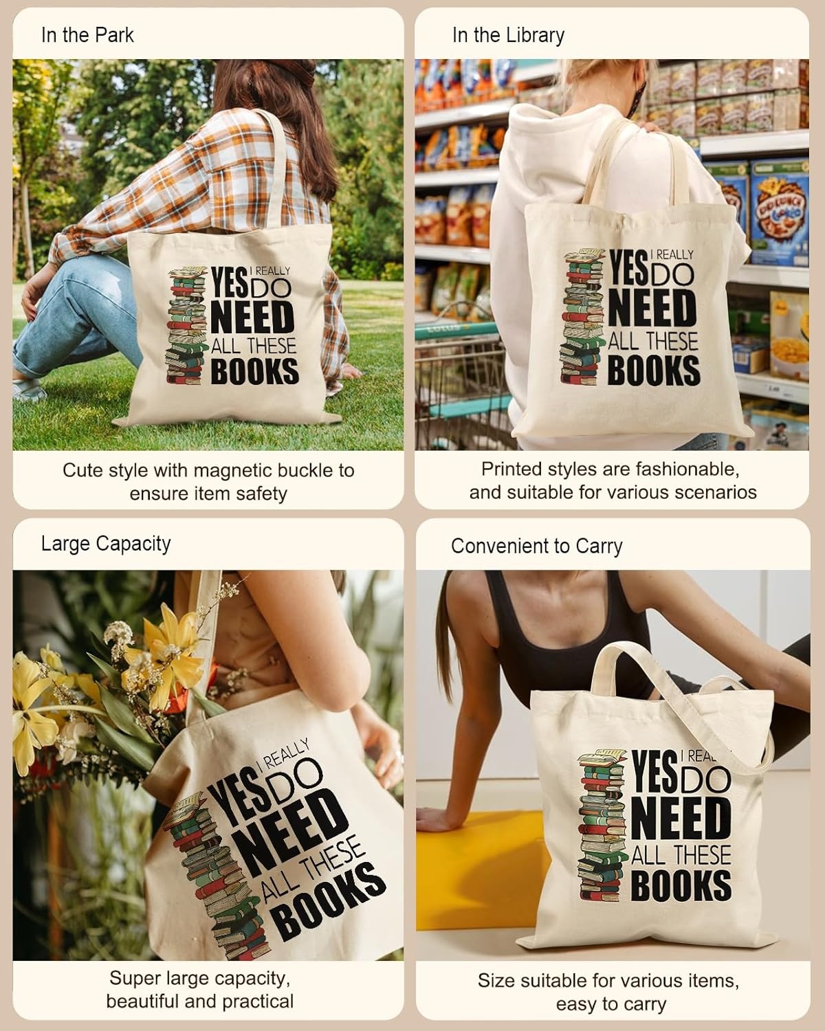 image:imageMiss Adola Aesthetic Tote Bag for Women with Magnetic Buckle and Zipper Inner Pocket Cloth Cotton Canvas Tote BagsReading