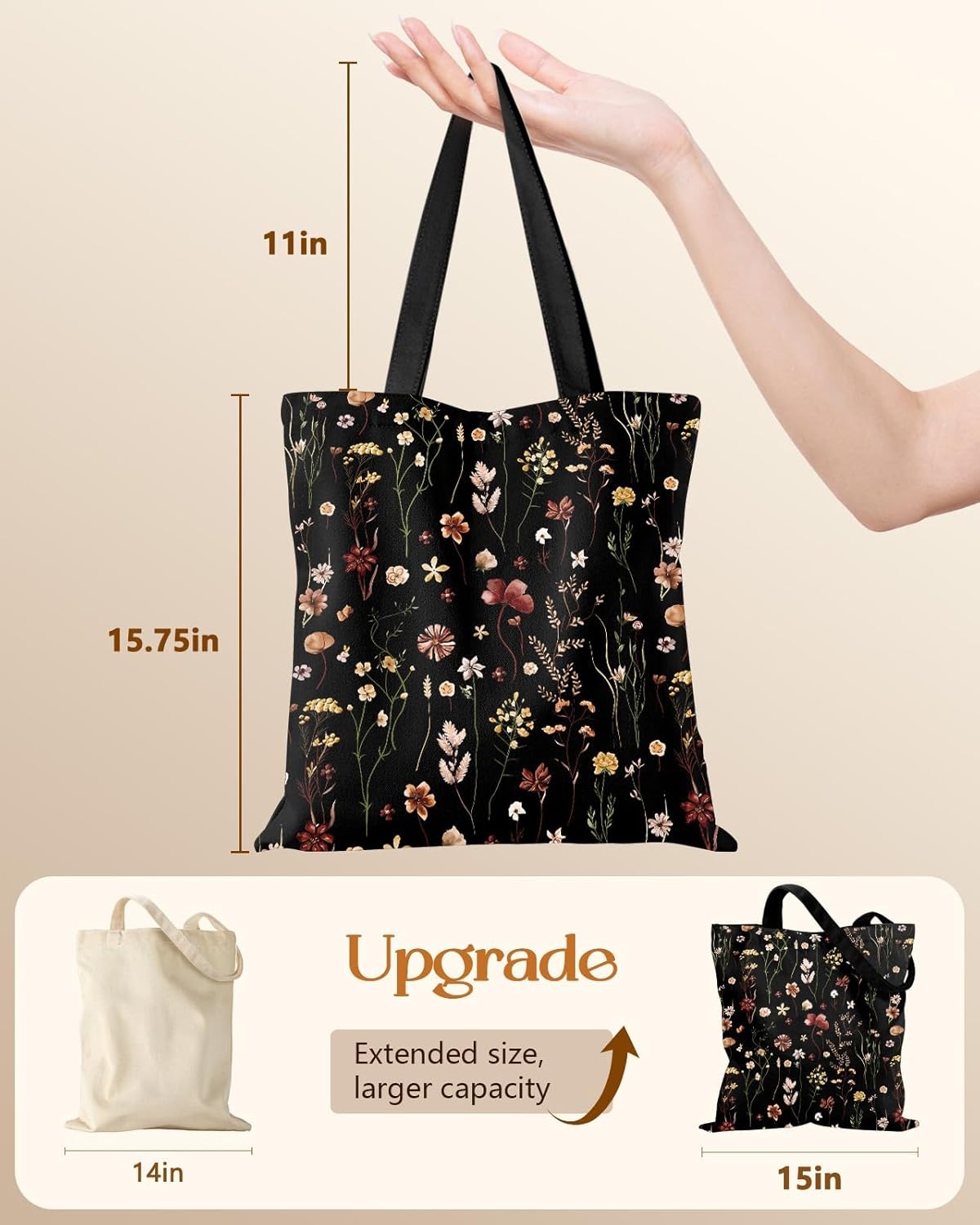 image:imageMiss Adola Canvas Tote Bag for Women Aesthetic Canvas Bag with Zipper Cute Stylish Reusable Shoulder Totes for Shopping Work Daily Vacation Cat ReadBlack Grow Flower