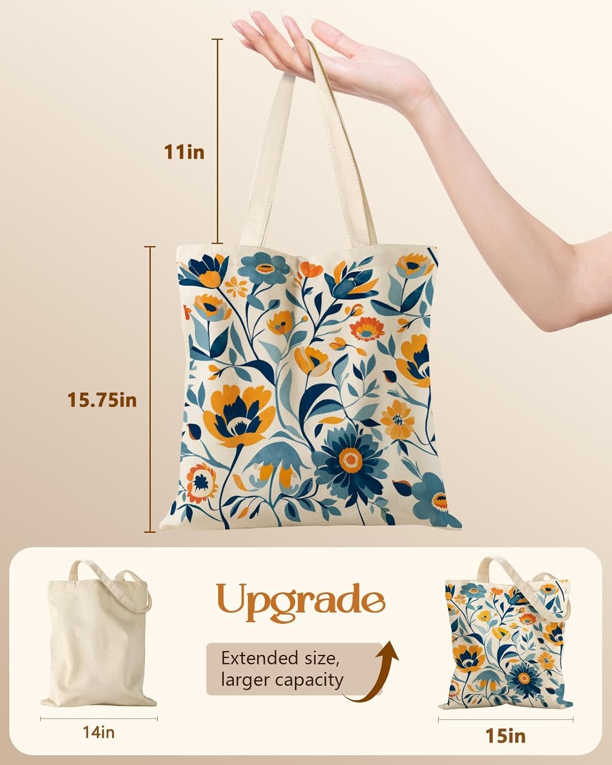 image:imageMiss Adola Canvas Tote Bag for Women Aesthetic Canvas Bag with Zipper Cute Stylish Reusable Shoulder Totes for Shopping Work Daily Vacation Cat ReadBlue Yellow Flower