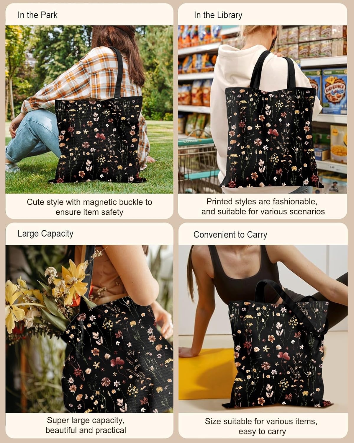 image:imageMiss Adola Canvas Tote Bag for Women Aesthetic Canvas Bag with Zipper Cute Stylish Reusable Shoulder Totes for Shopping Work Daily Vacation Cat ReadBlack Grow Flower