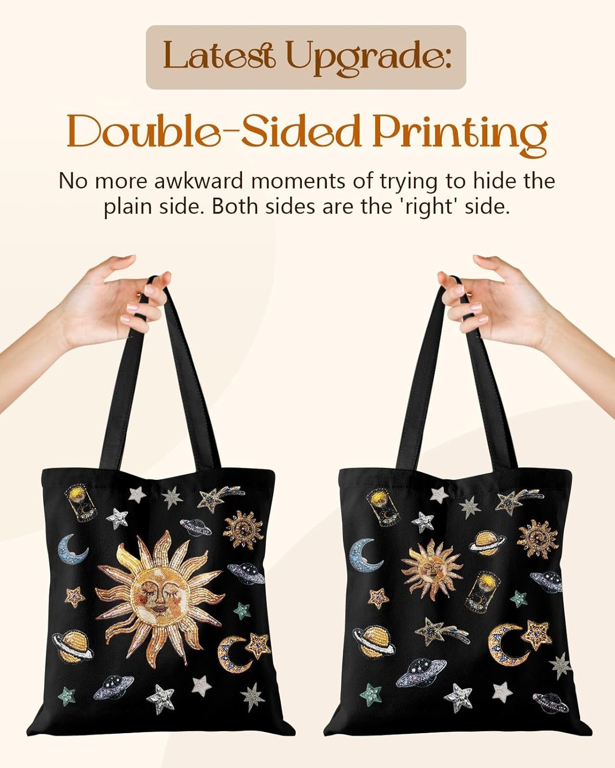 image:imageMiss Adola Canvas Tote Bag for Women Aesthetic Canvas Bag with Zipper Cute Stylish Reusable Shoulder Totes for Shopping Work Daily Vacation Cat ReadSun Planets