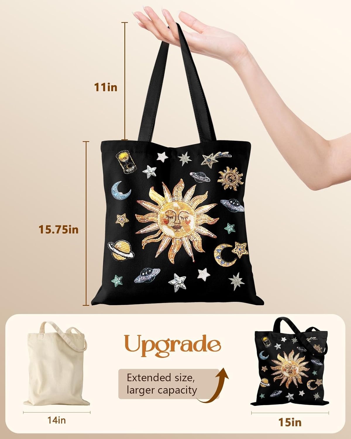 image:imageMiss Adola Canvas Tote Bag for Women Aesthetic Canvas Bag with Zipper Cute Stylish Reusable Shoulder Totes for Shopping Work Daily Vacation Cat ReadSun Planets
