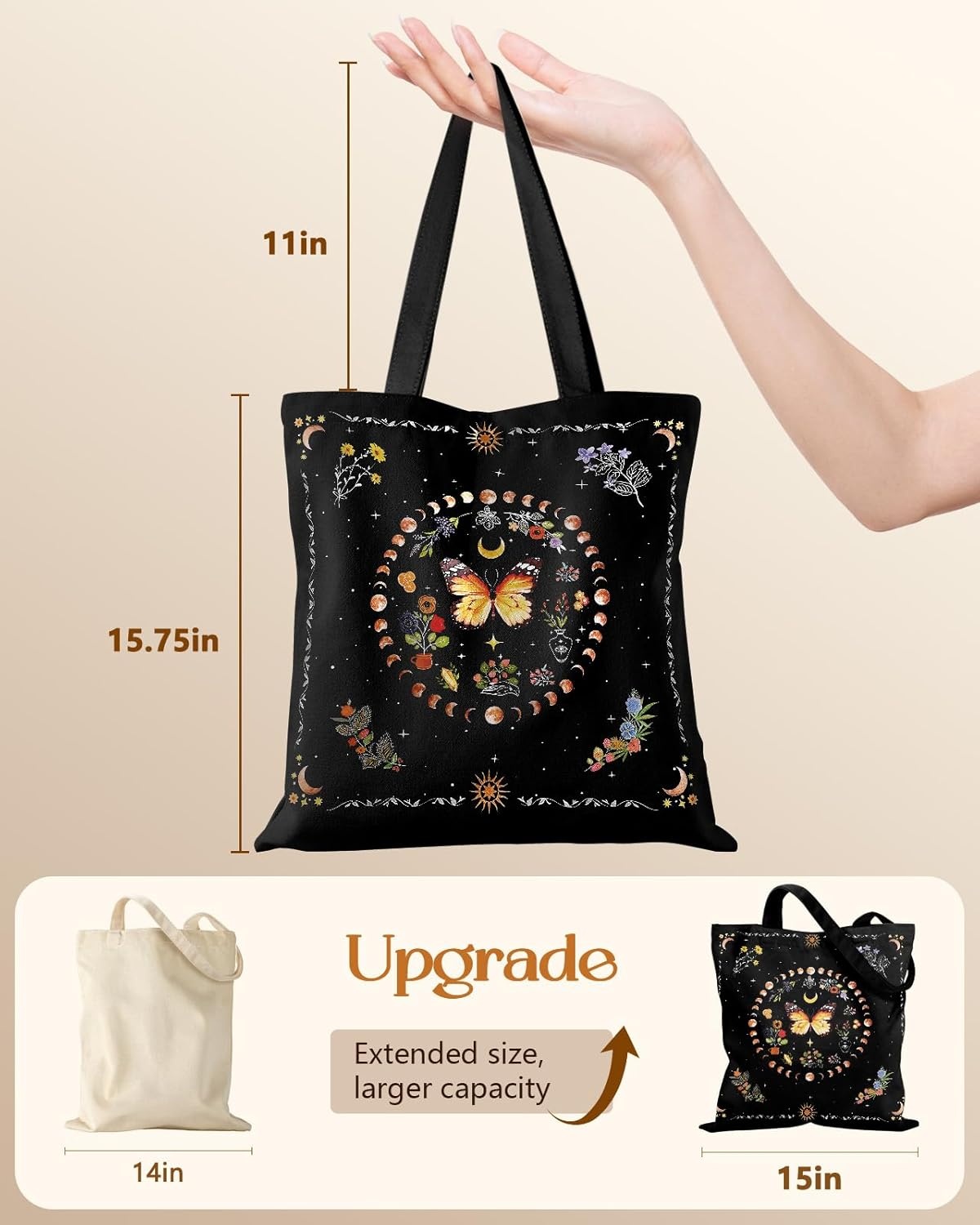 image:imageMiss Adola Canvas Tote Bag with Pockets Aesthetic Reusable Totes for Women Ladies Cute Printed Cloths Canvas Shoulder BagBlack Butterfly Moon