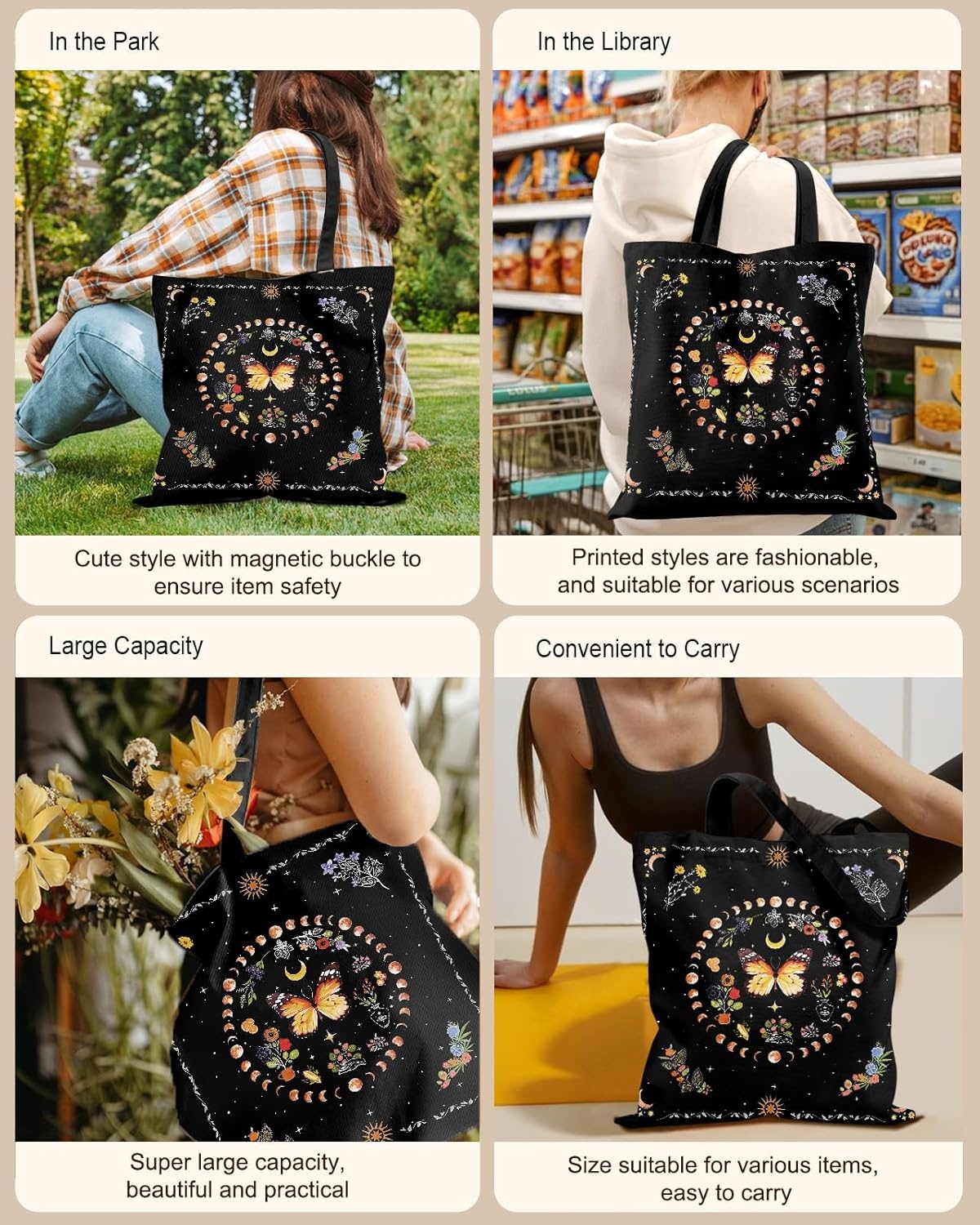 image:imageMiss Adola Canvas Tote Bag with Pockets Aesthetic Reusable Totes for Women Ladies Cute Printed Cloths Canvas Shoulder BagBlack Butterfly Moon