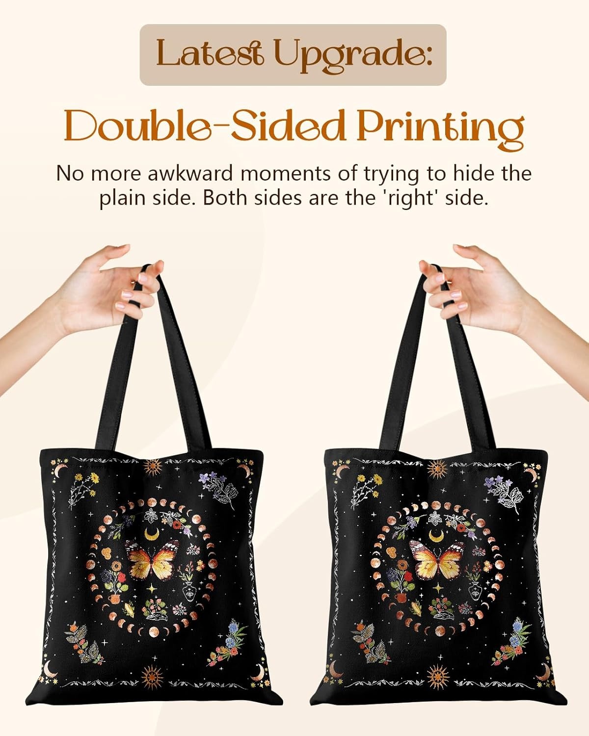 image:imageMiss Adola Canvas Tote Bag with Pockets Aesthetic Reusable Totes for Women Ladies Cute Printed Cloths Canvas Shoulder BagBlack Butterfly Moon