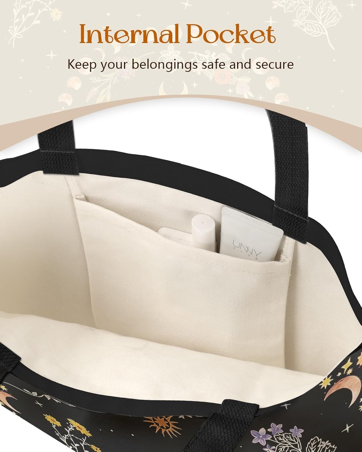 image:imageMiss Adola Canvas Tote Bag with Pockets Aesthetic Reusable Totes for Women Ladies Cute Printed Cloths Canvas Shoulder BagBlack Butterfly Moon