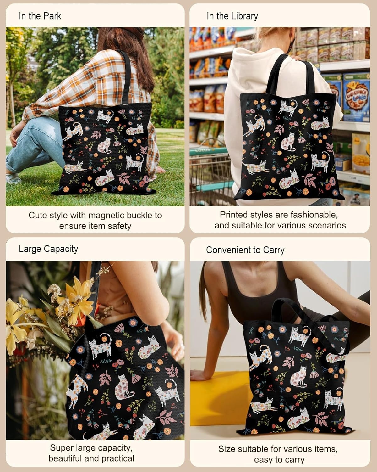 image:imageMiss Adola Canvas Tote Bag with Pockets Aesthetic Reusable Totes for Women Ladies Cute Printed Cloths Canvas Shoulder BagBlack Flower Cats