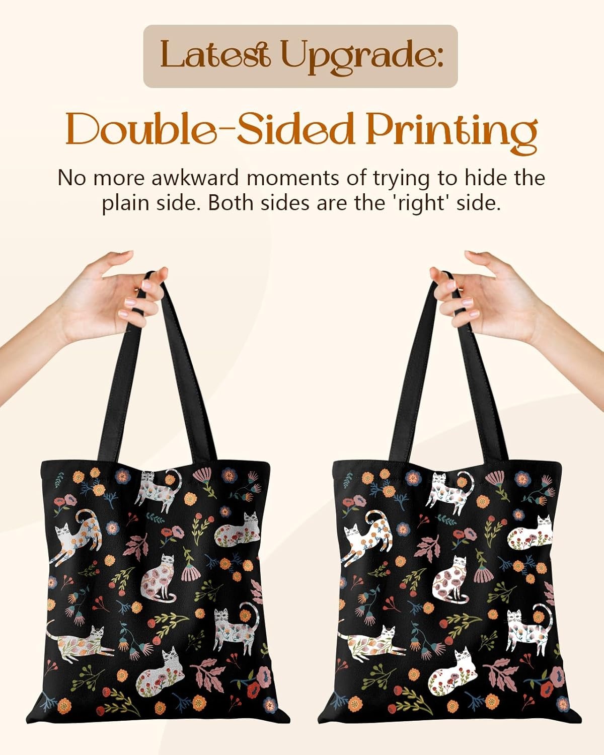 image:imageMiss Adola Canvas Tote Bag with Pockets Aesthetic Reusable Totes for Women Ladies Cute Printed Cloths Canvas Shoulder BagBlack Flower Cats