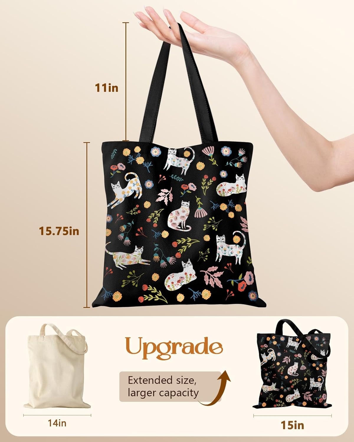 image:imageMiss Adola Canvas Tote Bag with Pockets Aesthetic Reusable Totes for Women Ladies Cute Printed Cloths Canvas Shoulder BagBlack Flower Cats