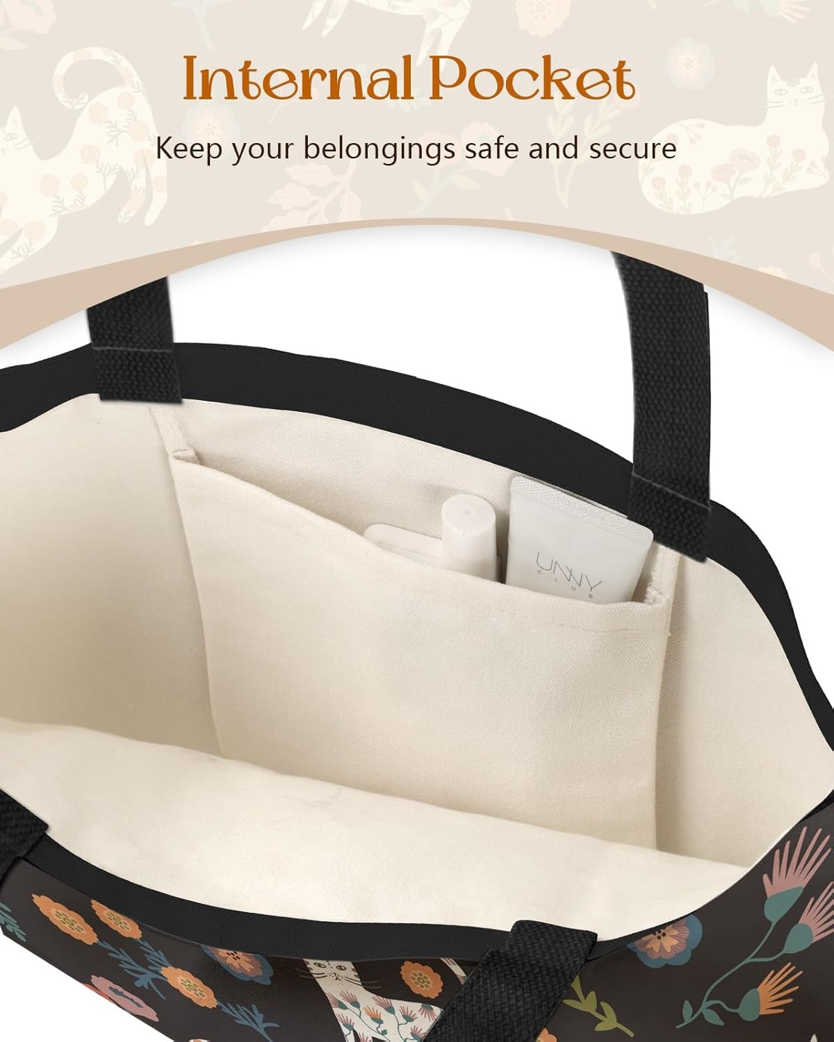 image:imageMiss Adola Canvas Tote Bag with Pockets Aesthetic Reusable Totes for Women Ladies Cute Printed Cloths Canvas Shoulder BagBlack Flower Cats