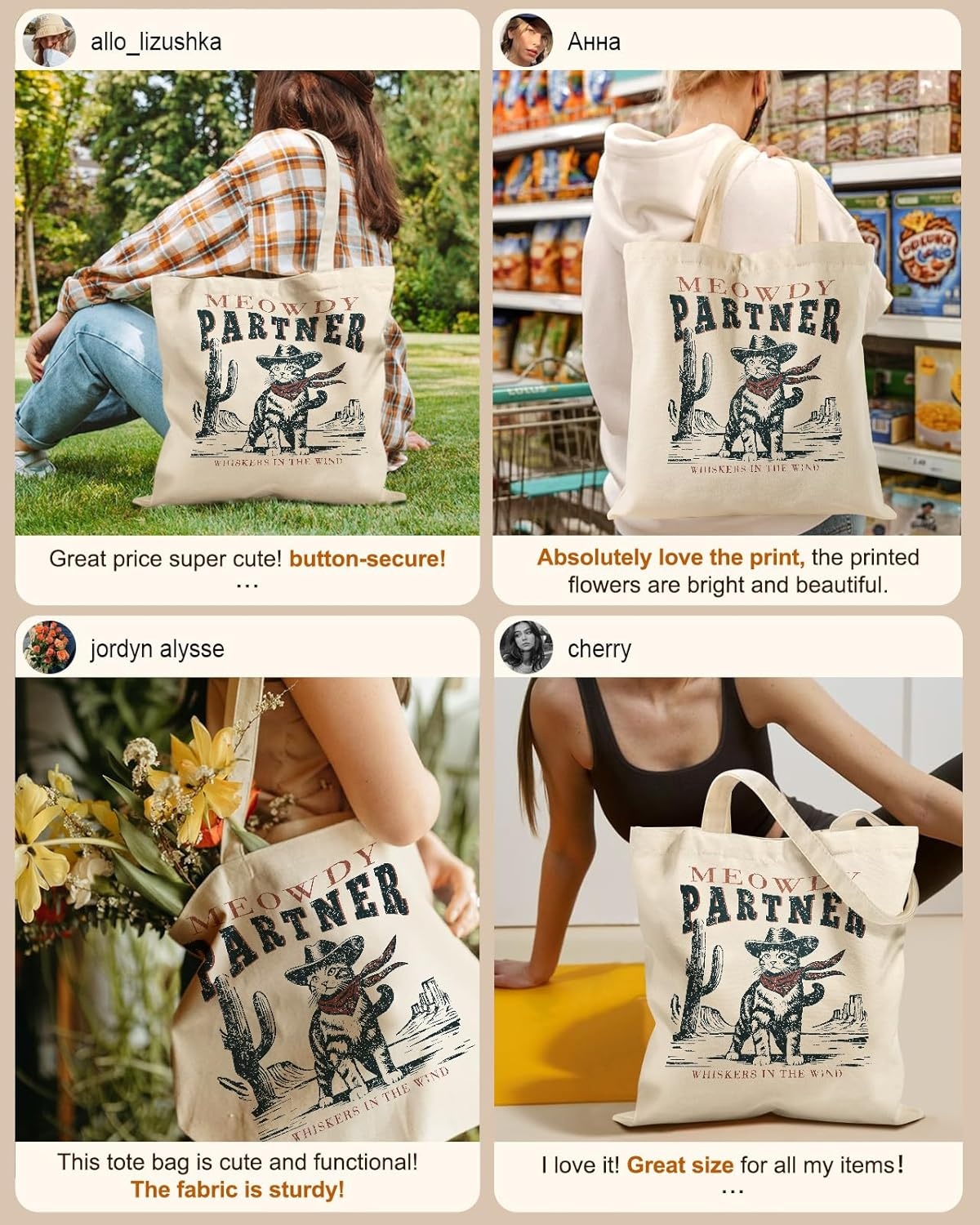 image:imageMiss Adola Canvas Tote Bag with Pockets Aesthetic Reusable Totes for Women Ladies Cute Printed Cloths Canvas Shoulder BagCactuses Cat