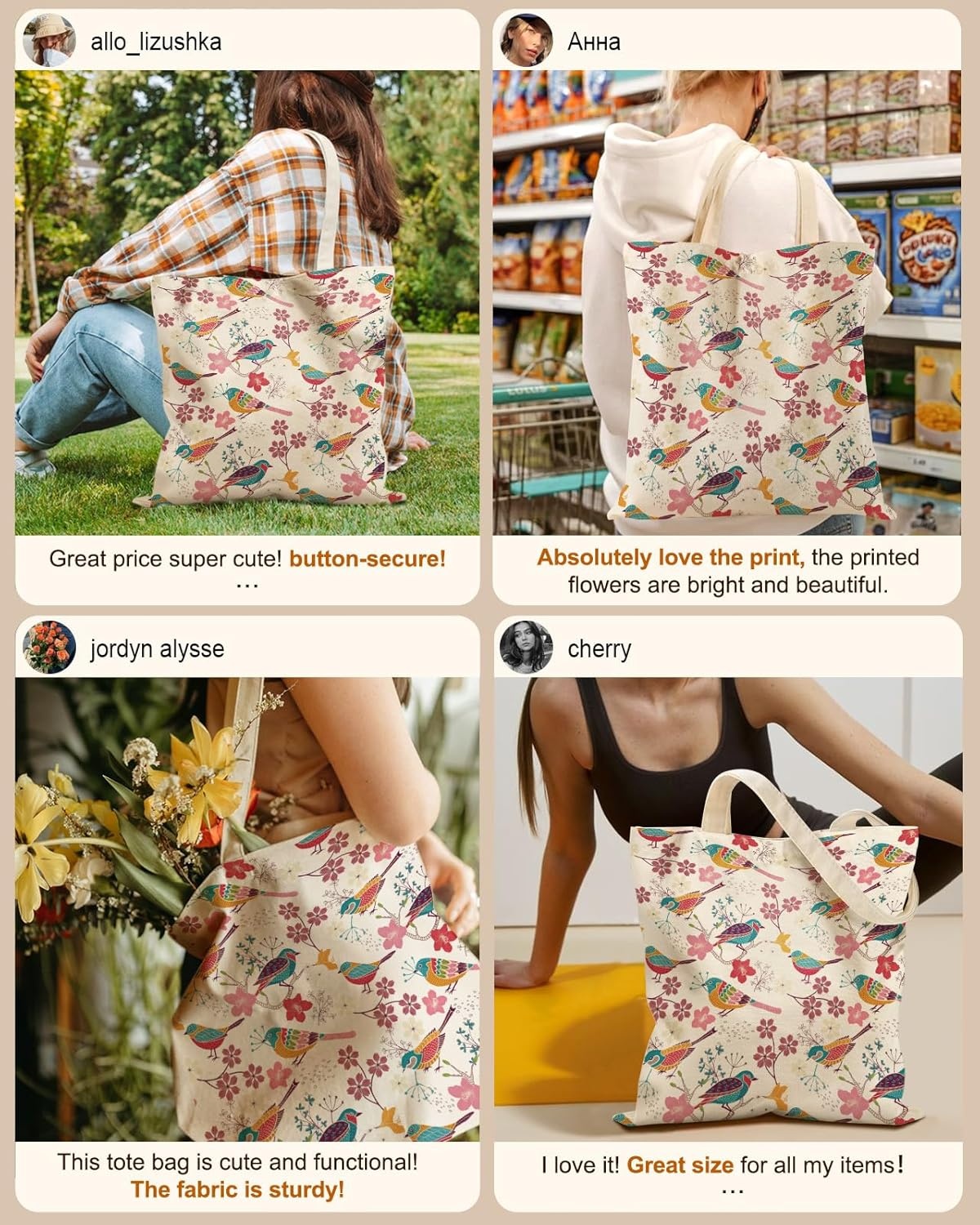 image:imageMiss Adola Canvas Tote Bag with Pockets Aesthetic Reusable Totes for Women Ladies Cute Printed Cloths Canvas Shoulder BagFloral Bird