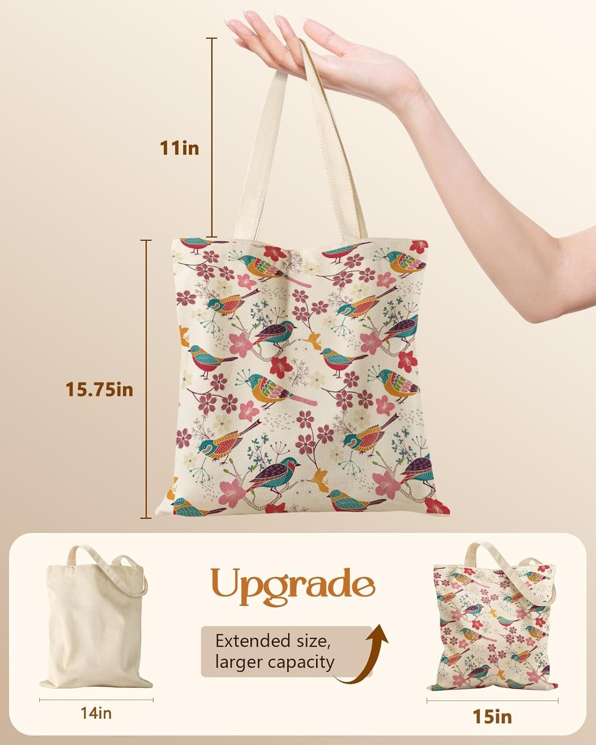 image:imageMiss Adola Canvas Tote Bag with Pockets Aesthetic Reusable Totes for Women Ladies Cute Printed Cloths Canvas Shoulder BagFloral Bird