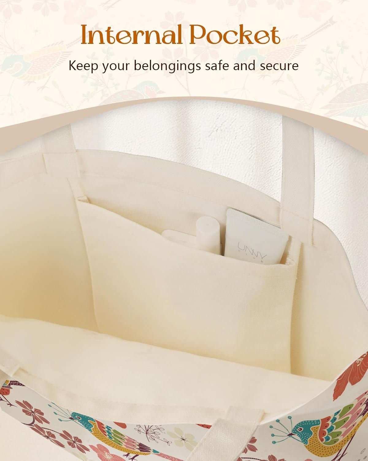image:imageMiss Adola Canvas Tote Bag with Pockets Aesthetic Reusable Totes for Women Ladies Cute Printed Cloths Canvas Shoulder BagFloral Bird