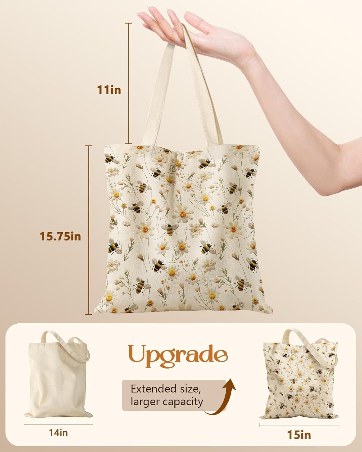 image:imageMiss Adola Canvas Tote Bag with Pockets Aesthetic Reusable Totes for Women Ladies Cute Printed Cloths Canvas Shoulder BagFlower Bee