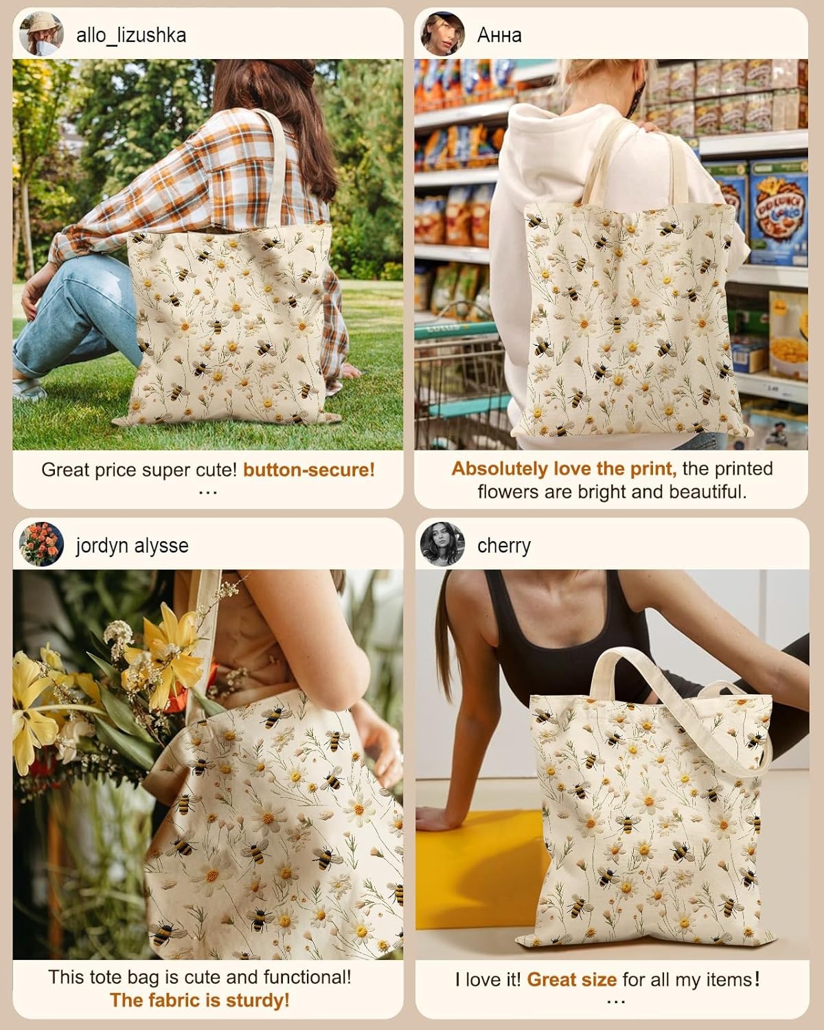 image:imageMiss Adola Canvas Tote Bag with Pockets Aesthetic Reusable Totes for Women Ladies Cute Printed Cloths Canvas Shoulder BagFlower Bee
