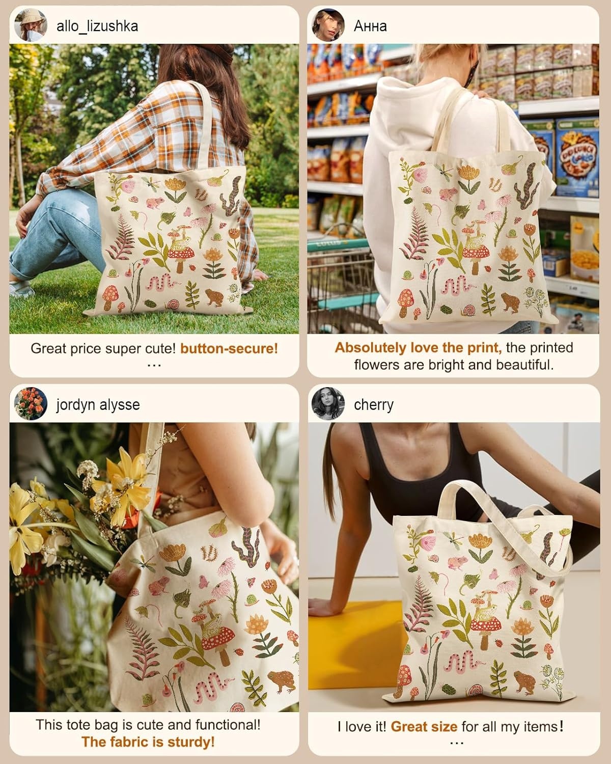image:imageMiss Adola Canvas Tote Bag with Pockets Aesthetic Reusable Totes for Women Ladies Cute Printed Cloths Canvas Shoulder BagFrog Mushroom