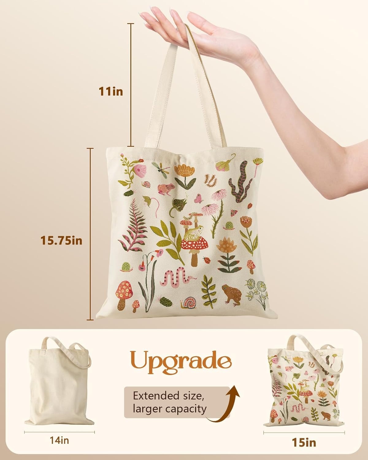 image:imageMiss Adola Canvas Tote Bag with Pockets Aesthetic Reusable Totes for Women Ladies Cute Printed Cloths Canvas Shoulder BagFrog Mushroom